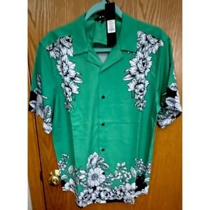 NOVA MEN Floral Colorblock Green White Black Woven Button-Up Shirt Size M